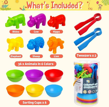Counting Animals Color Sorting Stacking Matching Games with Rainbow Bowls Montessori Preschool Educational Learning Activities Fine Motor Skills Toys Easter Gift for Toddlers Ages 3+