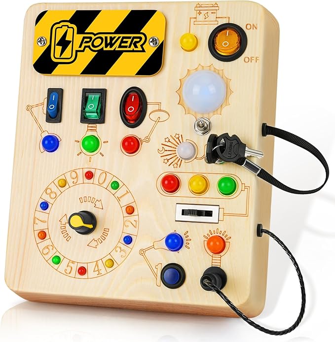 Busy Board, Montessori Toys for 1+ Year Old, Busy Board with 13 Led Light, Wooden Toddler Educational Travel Toy, 1 Year Old Boy&Girl Gifts