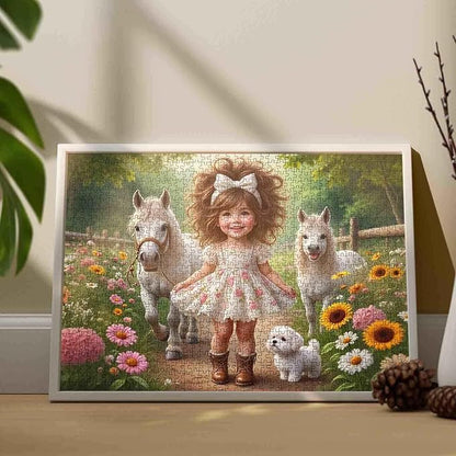 Tucocoo Cute Little Girl 1000 Piece Jigsaw Puzzle for Adults, Country Girl White Ponies Puppy Floral Path – Vintage Farm Scene for Family Games Challenging Puzzles, Rustic Wall Art DIY Crafts Gifts
