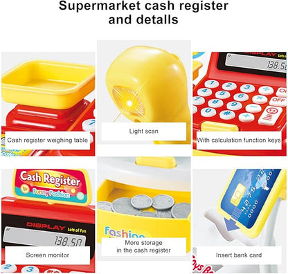 Children Mini Cash Register Toy Cashier Role Play Supermarket Shopping Checkout Money Till Toy Educational Learning Pretend Playset for Kids Girls Boys