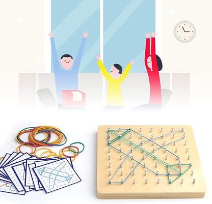 Thoth Montessori Wooden Geoboard Mathematical Manipulative Material Array Block Geo board with 36Pcs Pattern Cards and Rubber Bands Matrix 8x8 for Kids Graphical Educational Toys Early Development Toy