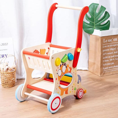 Wooden Baby Push and Pull Walker with Wheels for Boy&Girls,Multiple Activities Kid’s Toy,Shopping Cart Sit to Stand Walker for Toddlers
