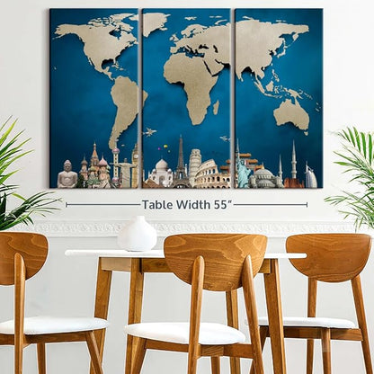 ElephantStock Ocean Blue World Map Multi Piece Canvas - 3 Panel Wall Decor - Map of the World Art - Canvas for the Office and Home - 57" X 36"