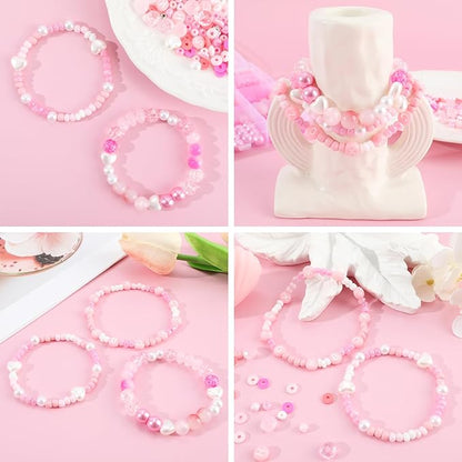 3500Pcs Heishi Bead ，Pink Beads Bracelet Making Kit ，6 Kinds of Unique Pink Glass Seed Bead Friendship Bracelet Beads for Jewelry Making