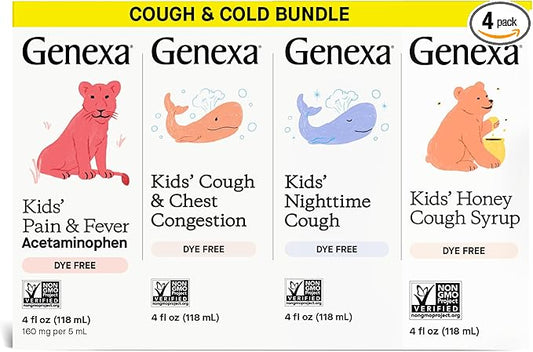 Genexa Kids' Clean Cough Medicine & Honey Cough Syrup, Pain & Fever Reducer Value 4-Pack, Dye Free, 0% Artificial Additives, Cough Care for Children, Fever & Pain Reliever, 16 fl oz (4 Bottles)