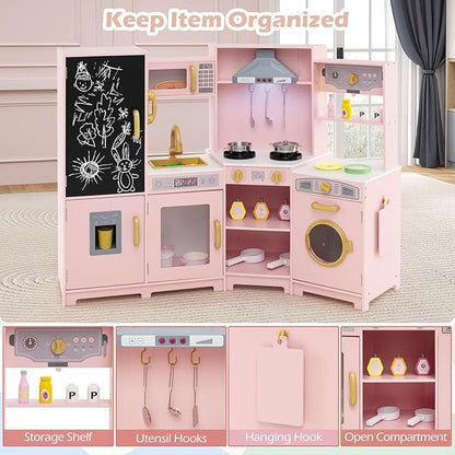 Costzon Corner Play Kitchen w/Lights, Sounds, Large Pretend Play Kitchen Set w/Blackboard, Microwave, Cooking Accessories, Wooden Montessori Sensory Toy for Kids 3+ Years Old (Pink)