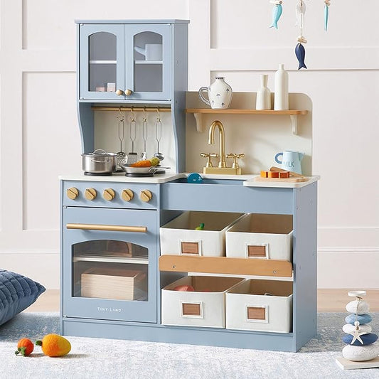 Tiny Land Play Kitchen for Kids, Wooden Toy Kitchen Set with Storage & Accessories, Toddler Kitchen Playset with Stove & Sink, Kids Kitchen Playset Gift for Ages 3-8