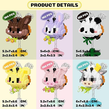 Cute Cartoon Animal Mini Micro Building Blocks Set - 6 Mini Designs with Display Stands, Ideal for Party Favor for Kids and Building Blocks for Adults. Educational Toys for Kids
