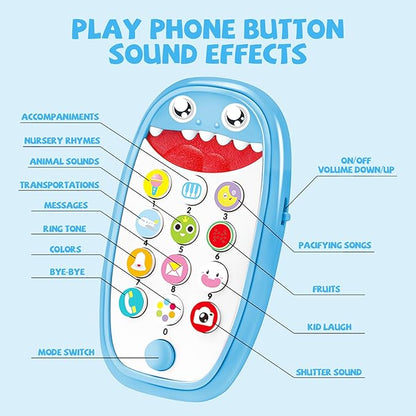 Baby Shark Cell Phone Toy Removable Teether Case, Light, Music & Adjustable Volume Kids Play & Learn Fake Phone Infant Toddler, Preschool Holiday Birthday Present for Girl Boy 12 Months (Blue)