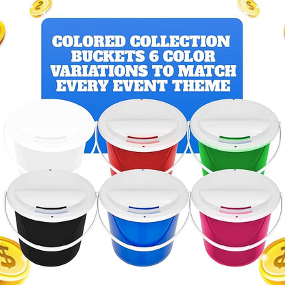 Plastic coin collection Bucket with removable lid and handle charity donation collection money box pail for fundraising with top slot for tickets raffles and money 7.5"Hx8.3"Diameter(Dark Blue) 4 pack