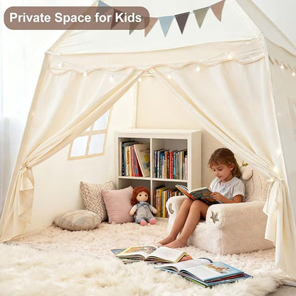 Kids Play Tent with Padded Mat Lights - Large Teepee 59x39x59in with Christmas Decor Kit Storage Bag Flag- Private Space for Reading - Birthday Gift for Boys Girls Ages 3-12