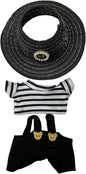 Doll Clothes for 17cm Figures, Black-and-White Striped Top Paired with Black Overalls and a Delicate Woven Hat