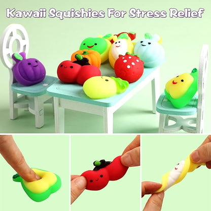 Mochi Squishy Toys, 24 pcs Fruit Squishy Party Favors for Kids Classroom Prize Stress Relief Squishies Bulk Gift for Birthday Pinata Goodie Bag Filler Christmas Stocking Stuffers Easter Valentines