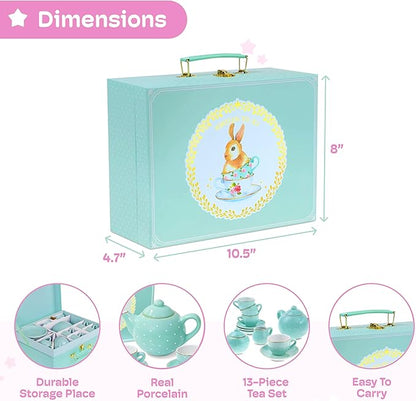 Jewelkeeper 13 Piece Toddler Porcelain Tea Party Set - Exquisite Tea Cup Set for Kids - Includes Sugar Bowl, Creamer, Saucers in a Carrying Case - Turqouise Polka Dot