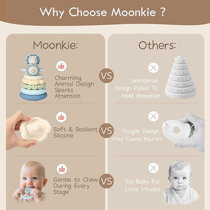 Moonkie Dinosaur Baby Stacking Toys | 7-Piece Silicone Rings for Teething Relief | Educational Toy for Infants & Toddlers 6 Months+ | Baby Shower or Birthday Gift for Boys