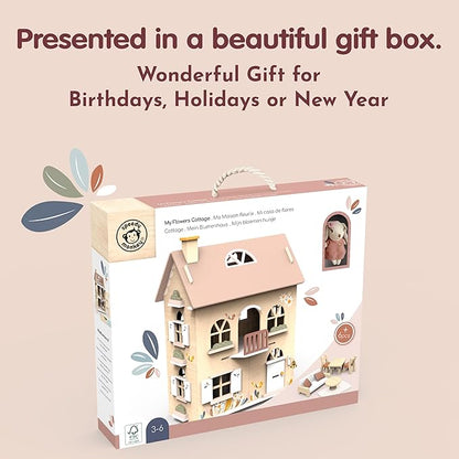 SPEEDY MONKEY Flowers Cottage Wooden Dollhouse with Starter Set | Pretend Play Doll House for Toddlers & Preschoolers | Fun Playhouse for Boys & Girls, Ideal for Imaginative Storytelling Playset