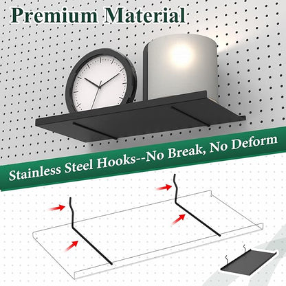 PEKGRIL 17X8 Inch Large Pegboard Shelves Set of 2, Metal Peg Board Shelves Accessories, Flat Display Shelves for Pegboard, Metal Retail Display for Storage and Organization, Black