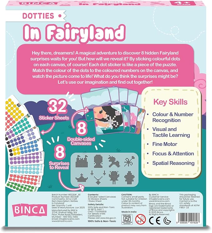 BINCA Dotties Dot Art Activity Kit, 1500+ Stickers, 8 Unicorns & Princesses Mess-Free Activities, DIY Dot Sticker Art for Toddlers, Kids Travel Activities, Craft Kits & Gifts for Girls Ages 4,5,6,7