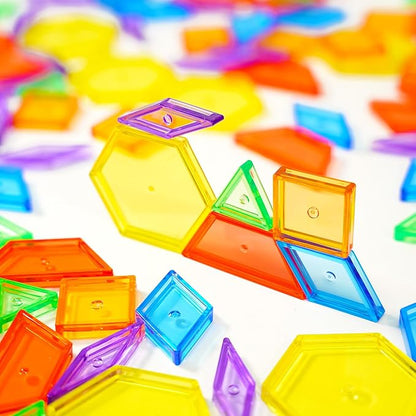 Bbiamsleep 140 Pcs Translucent Pattern Blocks Plastic Transparent Geometric Shape Blocks Light Table Manipulatives Accessories Sensory Bin Filler for Light Table Sorting Counting Spelling Training