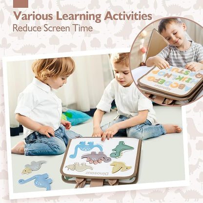 hahaland Montessori Busy Board for Toddlers Boy Toys Birthday Gift - Travel Toys - Dinosaur, Alphabet, Number, Shape, Drawing, Life Skills