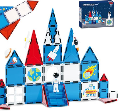 Space Exploration Magnetic Tiles (39PCS),STEM Building Set with Rocket & Astronaut,Preschool Learning Building Set for Ages 3-8, for Boys Girls (Satellite, Spaceship)