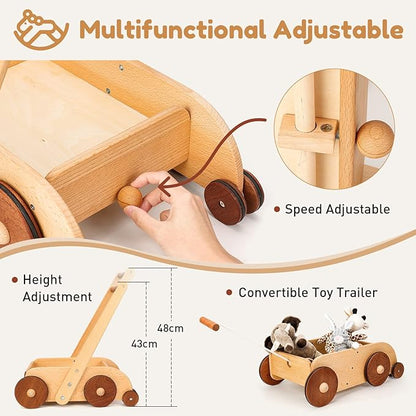 Woodtoe Wooden Baby Walker, Adjustable Speed Anti-Rollover Push Walker Toy for Babies Learning to Walk, Natural Wood Toddler Push and Pull Toys Wagon Birthday Toy for Boy Girl 1-3(Patent Protection)
