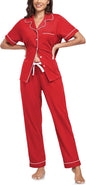 CF Womens 100% Cotton Pajamas Set Button Down Pjs Sets Short Sleeve Top & Long Pants Sleepwear Comfy Loungewear with Pockets