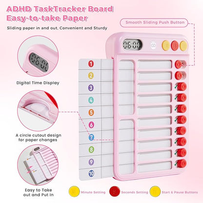 Magnetic Chore Chart for Kids with Time Timer, 99-Min Countdown/Up Visual Timer, Dry-Erase Reward Chart with Sliders, to Do List & Routine Checklist, Visual Schedule Board for ADHD & Autism (Pink)