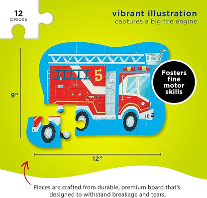 Crocodile Creek 12-Piece Mini Jigsaw Puzzle - Fun Floor Puzzles for Kids Ages 2-4 and Up - Heavy-Duty Shaped Box for Storage - Fire Truck - 12" x 9" Finished