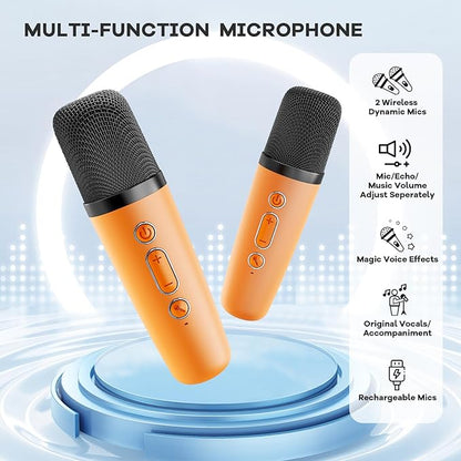 Mini Karaoke Machine for Kids Adults, Portable Bluetooth Speaker with 2 Wireless Microphones, Birthday Gifts Toys for Girls Boys Ages 3, 4, 5, 6, 7, 8, 9,10,11,12+ Years Old Toddler (Orange)