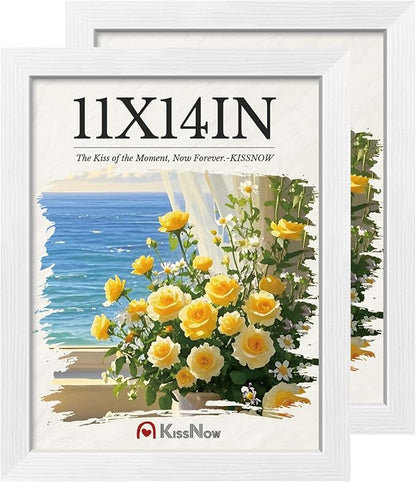 11x14 Picture Frame 2 Pack, White Solid Wood, Wall Gallery Poster Frame