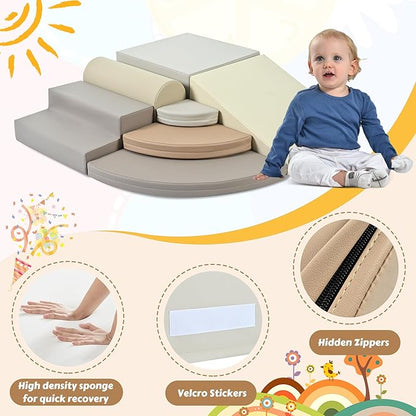 Merax 7-Piece Soft Foam Blocks, Baby Soft Climbing Toys for Toddlers 1+, Indoor Climbing Crawling Activity Play Set, Corner Soft Play Climber Set, Cappuccino