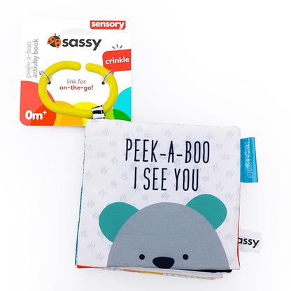 Sassy Peek-a-Boo Activity Book with Attachable Link for On-The-Go Travel, Sensory Play, Black & White, Ages 0+ Months (Pack of 12)