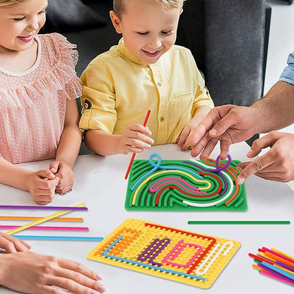 2pcs Sensory Activity Board, Double-Sided Silicone Fidget Toys for Kids 3+ & Adults, Sensory Toys for Anxiety, ADHD, Autism, Calming, Includes Travel Bag & 20 Strings, Yellow & Green