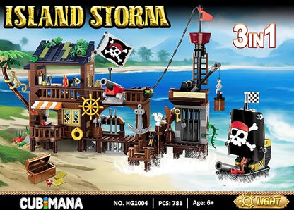 3 Style Pirate Ship Wharf Building Set with LED Light - 781PCS Medieval Pirate's House Building Block Toy, Architecture Bricks Kit for Kids Girls Boys Ages 6-12+ Birthday Gifts