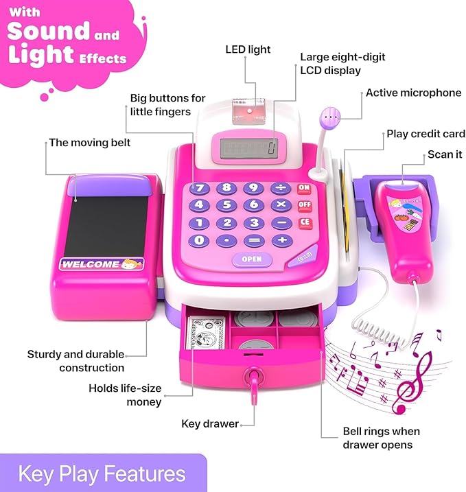 YMCtoys - Products Pretend Play Electronic Cash Register with Realistic Actions & Sounds - Pink