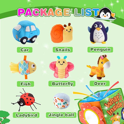 Baby Toys 6-12 Months, Mystery Montessori Sensory Soft Box Toy with 8 Stuffed Animals for 6 7 8 9 10 12 Month Old Babies Girl Boy Gifts Learning Busy Boxes Birthday for Infant & Toddler