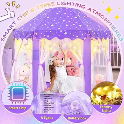 EVOIONOS Purple Tent for Girls, Kids Tent Indoor, Princess Tent with Star Lights, Girls Play Tent, Princess Castle Playhouse Tent, Little Girls Lavendar Tent, 55x53 Princess Tent for Girls