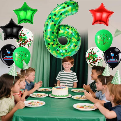 40in TNT Pixel Number 6 Balloon Birthday Decorations, Miner Theme Green Foil Balloons Blast Gaming Party Supplies