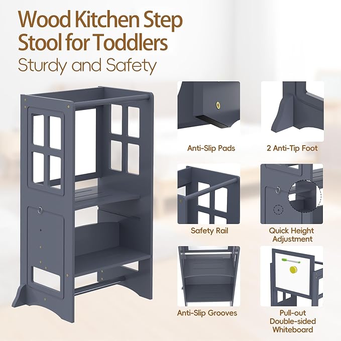4 in 1 Toddler Kitchen Stool Helper, Adjustable Height Learning Standing Tower with Whiteboard, Toddler Step Stool 2 in 1 Convertible Table and Chair for Kids 1.5 to 6 Years Old