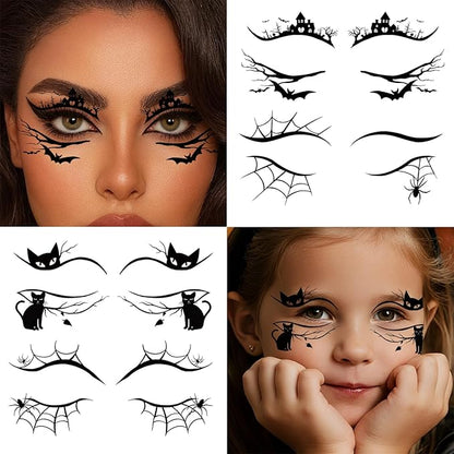24 PCS Halloween Makeup Eye Temporary Tattoos Waterproof, Upper & Lower Lash Design Spider Web Bat Eyeliner Eye Shadow Tattoos Makeup Kit for Adult Women Men Girls Cosplay Halloween Party Decals
