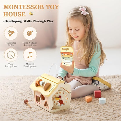 let's make Wooden Activity Cube 10-in-1 Montessori Toys Multi-Functional House Educational Toys Sensory Learning Activity Cube for Toddlers Babies 1st Birthday Gift