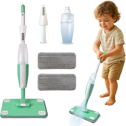 Kids Spray Mop - Toddler Cleaning Toy Set with Real Water Sprayer, 2 Washable Pads - Montessori Interactive Toy for Boys & Girls Ages 3 4 5 6