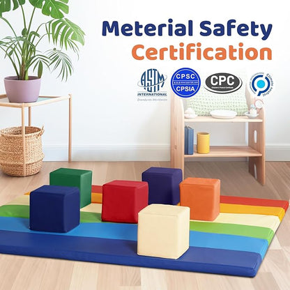 Foam Building Toys for Toddlers: 6Pcs Waterproof PU Leather Soft Foam Blocks - Colorful Large Stacking Blocks - Early Learning Construction Play Set for Kids Indoor Birthday Gift Preschool (Rainbow)