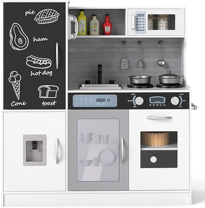 HONEY JOY Upgrade 39 in Kids Kitchen Playset, Large Wooden Little Chef Pretend Toy Kitchen Set w/Chalkboard, Telephone, Utensils, Oven, Microwave, Sink, Storage, Play Kitchen for Toddlers (White)