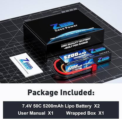 Zeee 7.4V Lipo Battery 2S 50C 5200mAh Lipos Hard Case with T Connector for RC Car Trucks 1/8 1/10 RC Vehicles(2 Packs)