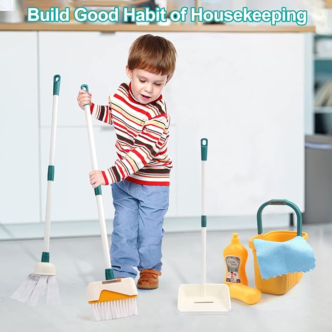 Joyfia Kids Cleaning Set 12 Piece, Toy Cleaning Set Includes Broom, Dustpan, Mop, Brush, Spray, Scraper, Bucket, Sponge and More, Pretend Play Housekeeping Kit for Toddlers Aged 3+