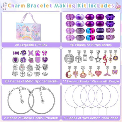 Flasoo DIY Charm Bracelet Making Kit for Girls, Jewelry Making Kit with Unicorn Mermaid Purple Stuff Craft Gift for Birthday, Christmas, New Year
