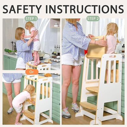 WINGYZ Toddler Kitchen Stool – Adjustable Helper Tower for Kids with Safety Rail, Wooden Standing Step-Up Stool, Sliding Door & Stable Base, White