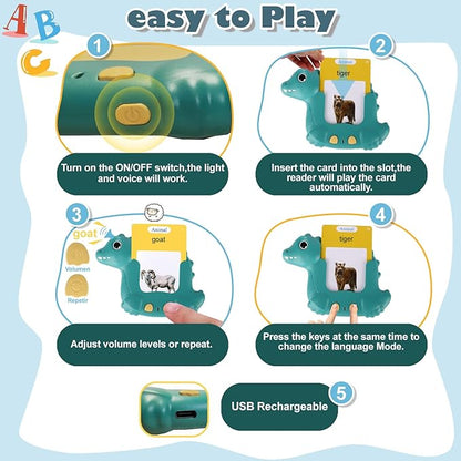 Dinosaur Talking Flash Cards 224 Sight Words for Kids, Audible Educational Interactive Autism Sensory Toys for Toddlers 3-8, Learning Montessori Tool for Girls Boys Gifts Green